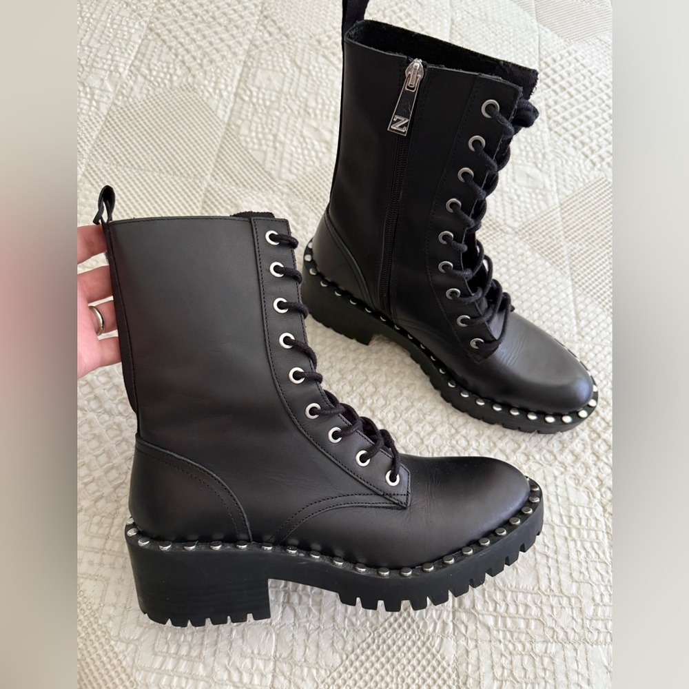 Zara Studded Leather Military Moto Combat Lace Up Black Heeled Boots 38 EUC